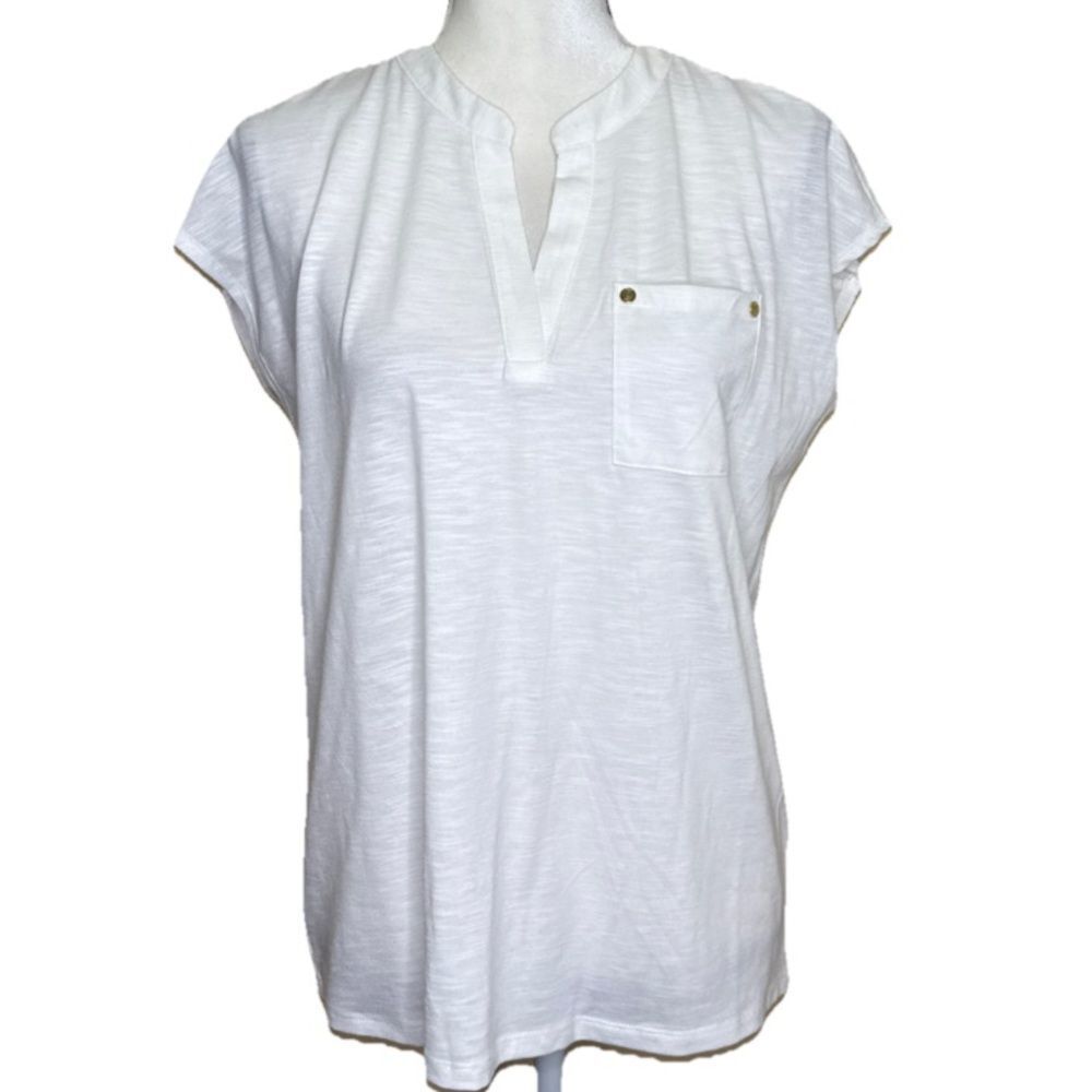 NEW $59 TAG Jones New York White Short Sleeve Top Tee Shirt Pocket Women’s S